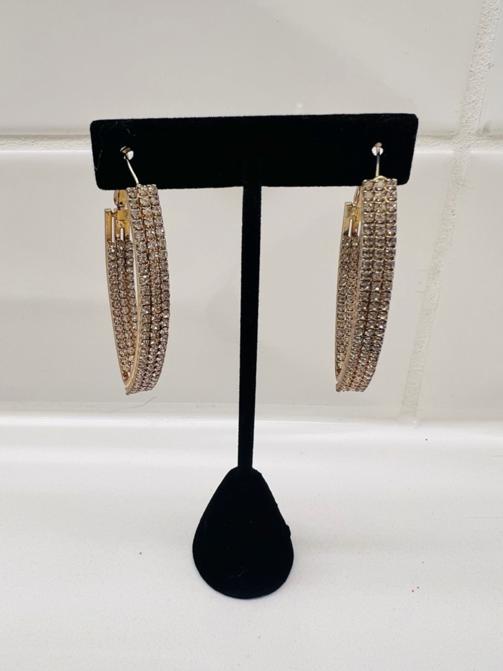 Gold Tone Rhinestone Pave Hoop Earrings Large Statement Sparkly Hoops